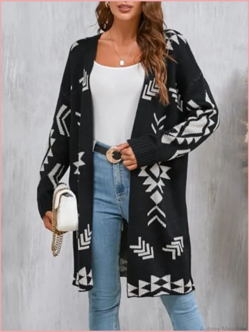 Womens Oversized Long Cardigan Open Front Fall Trendy Geometric Jacquard Knit - Picture 2 of 7